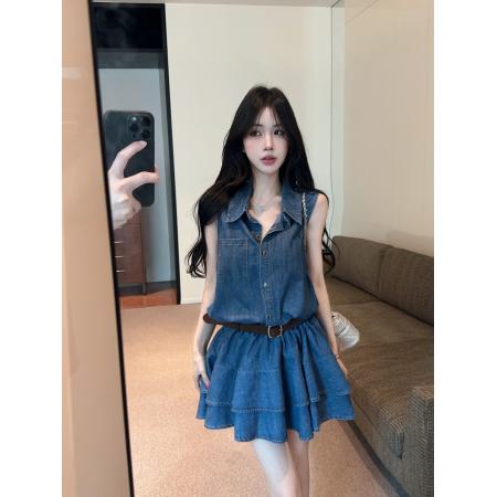 辣妹复古牛仔衬衫连衣裙女收腰显瘦气质百搭无袖蛋糕裙 服裝批發女裝批發服飾貨源