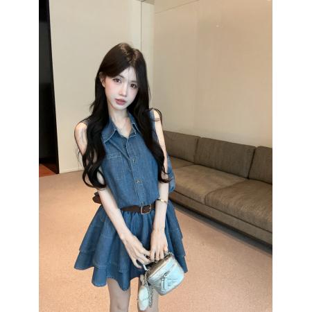 辣妹复古牛仔衬衫连衣裙女收腰显瘦气质百搭无袖蛋糕裙 服裝批發女裝批發服飾貨源