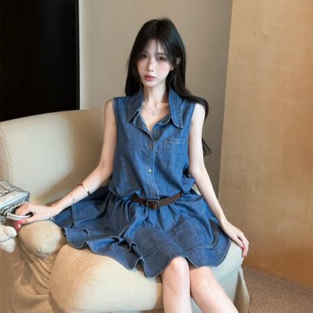 辣妹复古牛仔衬衫连衣裙女收腰显瘦气质百搭无袖蛋糕裙 服裝批發女裝批發服飾貨源