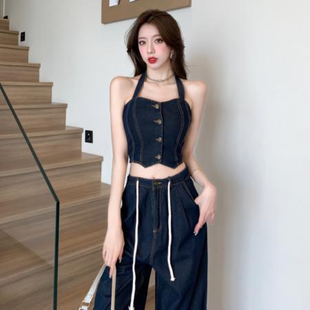 辣妹复古牛仔套装女挂脖吊带背心高腰宽松阔腿长裤两件套 服裝批發女裝批發服飾貨源