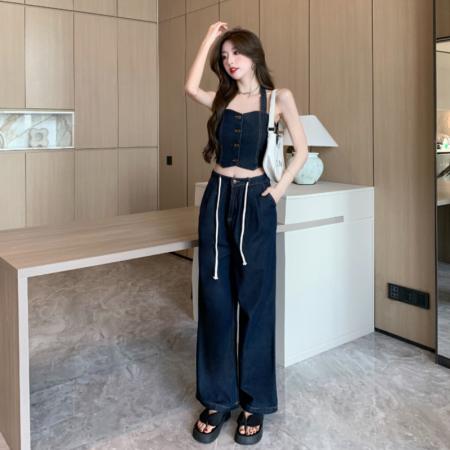 辣妹复古牛仔套装女挂脖吊带背心高腰宽松阔腿长裤两件套 服裝批發女裝批發服飾貨源