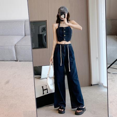 辣妹复古牛仔套装女挂脖吊带背心高腰宽松阔腿长裤两件套 服裝批發女裝批發服飾貨源