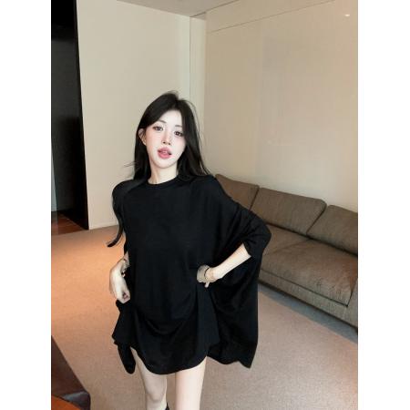 韩版慵懒风圆领落肩袖T恤女宽松显瘦百搭蝙蝠型防晒上衣 服裝批發女裝批發服飾貨源