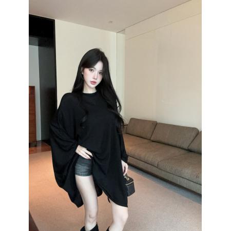 韩版慵懒风圆领落肩袖T恤女宽松显瘦百搭蝙蝠型防晒上衣 服裝批發女裝批發服飾貨源