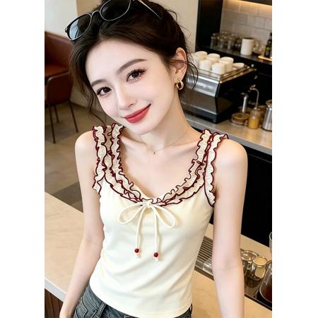 新款木耳边撞色吊带无袖背心t恤女甜美风修身显瘦外穿上衣 服裝批發女裝批發服飾貨源