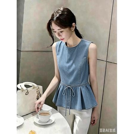 夏季新款时尚穿搭休闲超好看花边下摆抽绳蓝色牛仔无袖衬衫女 服裝批發女裝批發服飾貨源