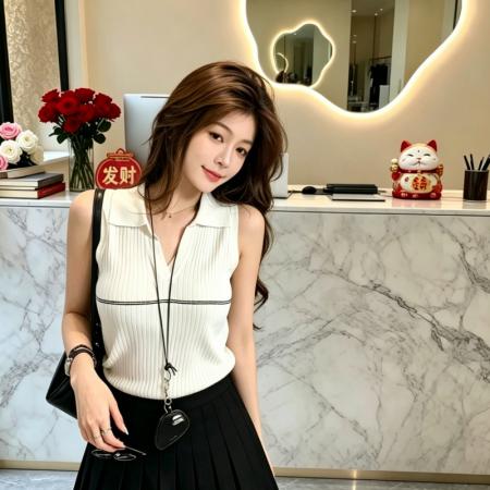 撞色翻领针织上衣女夏季新款洋气外穿显瘦百搭背心配裙子一整套 服裝批發女裝批發服飾貨源