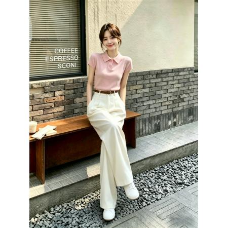 气质显高显瘦阔腿裤夏季新款宽松白色长裤搭配粉色短袖两件套装女 服裝批發女裝批發服飾貨源