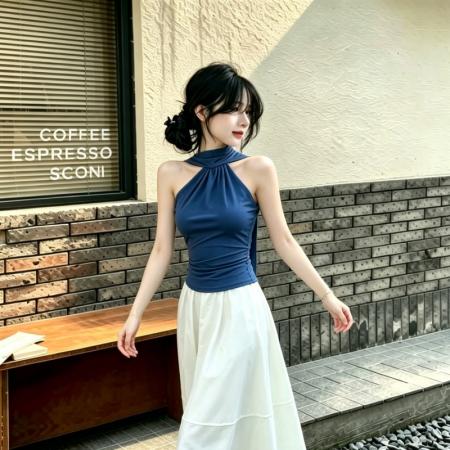 清纯白月光穿搭夏季新款巨好看斜领飘带上衣半身裙韩里韩气两件套 服裝批發女裝批發服飾貨源