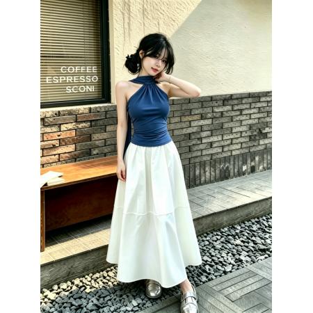 清纯白月光穿搭夏季新款巨好看斜领飘带上衣半身裙韩里韩气两件套 服裝批發女裝批發服飾貨源