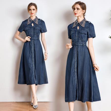 夏季复古刺绣蝴蝶领牛仔连衣裙女 服裝批發女裝批發服飾貨源
