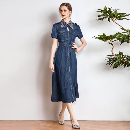 夏季复古刺绣蝴蝶领牛仔连衣裙女 服裝批發女裝批發服飾貨源