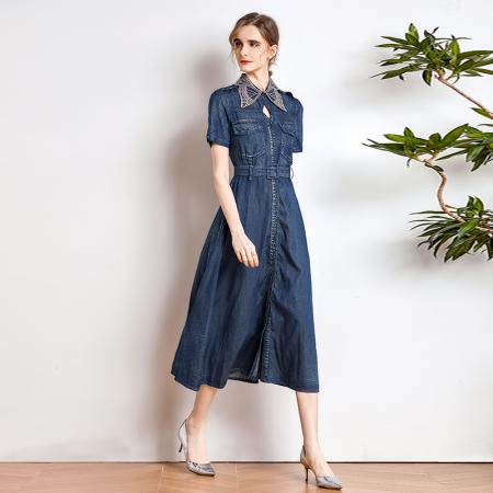 夏季复古刺绣蝴蝶领牛仔连衣裙女 服裝批發女裝批發服飾貨源