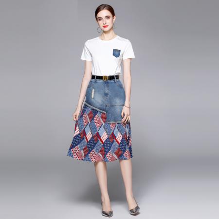 夏季白T+牛仔半身裙女 服裝批發女裝批發服飾貨源