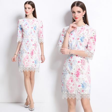 -夏季印花新品重工刺绣拼蕾丝A字连衣裙 服裝批發女裝批發服飾貨源