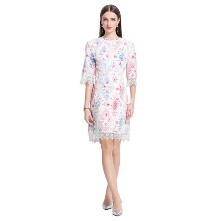 -夏季印花新品重工刺绣拼蕾丝A字连衣裙 服裝批發女裝批發服飾貨源