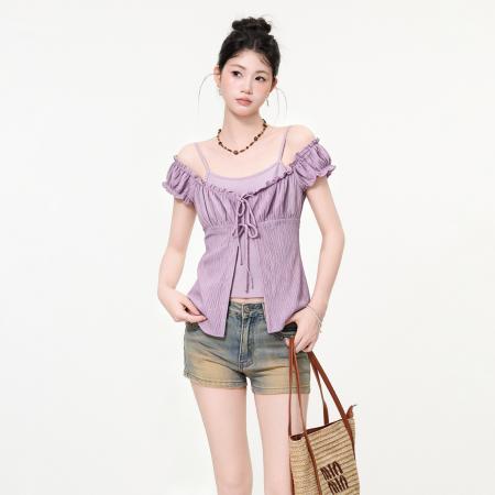 紫色纯欲假两件木耳边设计感短袖T恤女夏季性感露肩上衣 服裝批發女裝批發服飾貨源