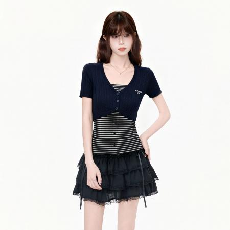 韩系撞色针织两件套短袖t恤女夏季修身漂亮正肩上衣 服裝批發女裝批發服飾貨源