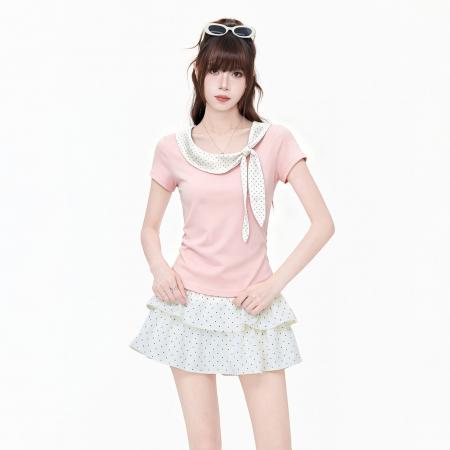 粉色短袖t恤女26夏新款绝美漂亮甜美娃娃领韩系温柔上衣 服裝批發女裝批發服飾貨源