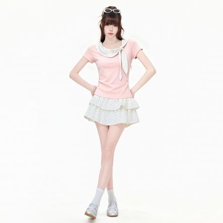 粉色短袖t恤女26夏新款绝美漂亮甜美娃娃领韩系温柔上衣 服裝批發女裝批發服飾貨源