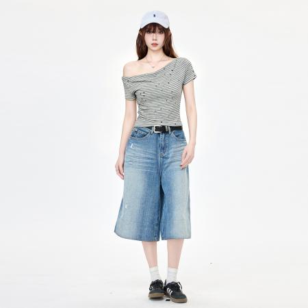撞色条纹一字领露肩短袖T恤女夏季星星印花修身褶皱上衣 服裝批發女裝批發服飾貨源