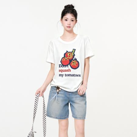 正肩圆领短袖t恤女夏季独特超好看番茄印花宽松上衣 服裝批發女裝批發服飾貨源