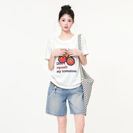正肩圆领短袖t恤女夏季独特超好看番茄印花宽松上衣 服裝批發女裝批發服飾貨源