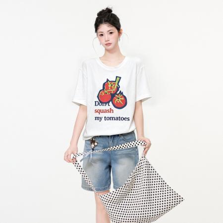 正肩圆领短袖t恤女夏季独特超好看番茄印花宽松上衣 服裝批發女裝批發服飾貨源