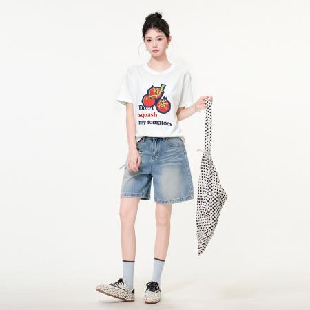 正肩圆领短袖t恤女夏季独特超好看番茄印花宽松上衣 服裝批發女裝批發服飾貨源