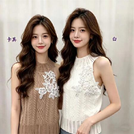 重工烫钻纯欲半高领针织小吊带背心女夏无袖挂脖上衣 服裝批發女裝批發服飾貨源