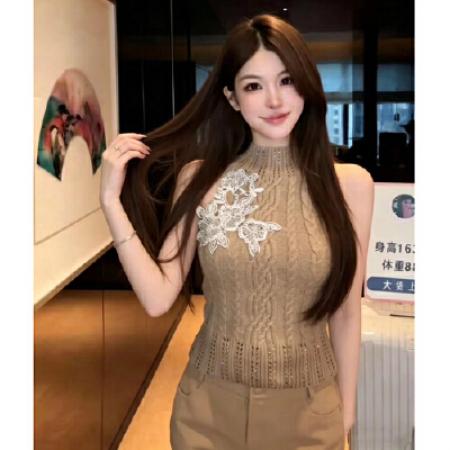 重工烫钻纯欲半高领针织小吊带背心女夏无袖挂脖上衣 服裝批發女裝批發服飾貨源