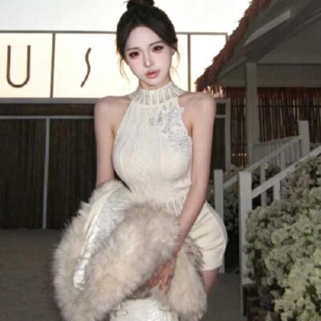 重工烫钻纯欲半高领针织小吊带背心女夏无袖挂脖上衣 服裝批發女裝批發服飾貨源