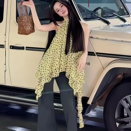 韩系挂脖波点雪纺衫女夏不规则露背无袖上衣设计感小众气质吊带潮 服裝批發女裝批發服飾貨源