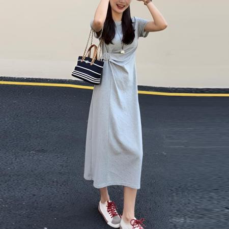 夏季新款气质休闲收腰显瘦圆领短袖侧边收腰连衣裙 服裝批發女裝批發服飾貨源
