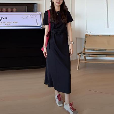夏季新款气质休闲收腰显瘦圆领短袖侧边收腰连衣裙 服裝批發女裝批發服飾貨源