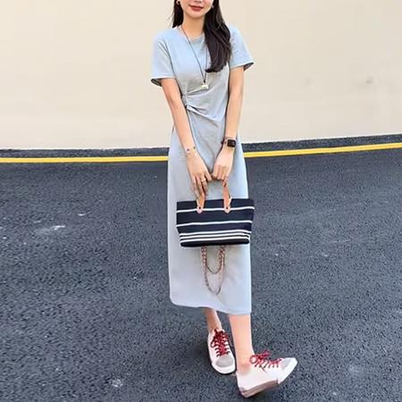 夏季新款气质休闲收腰显瘦圆领短袖侧边收腰连衣裙 服裝批發女裝批發服飾貨源