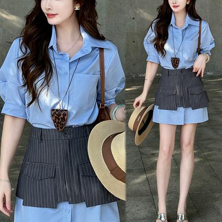夏季新款显瘦短款时尚气质夏季衬衫短袖条纹腰封两件套 服裝批發女裝批發服飾貨源