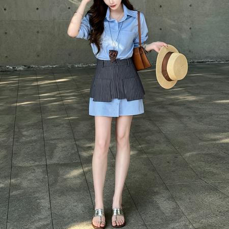 夏季新款显瘦短款时尚气质夏季衬衫短袖条纹腰封两件套 服裝批發女裝批發服飾貨源