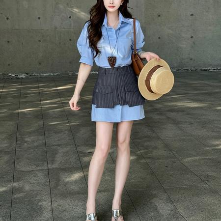 夏季新款显瘦短款时尚气质夏季衬衫短袖条纹腰封两件套 服裝批發女裝批發服飾貨源
