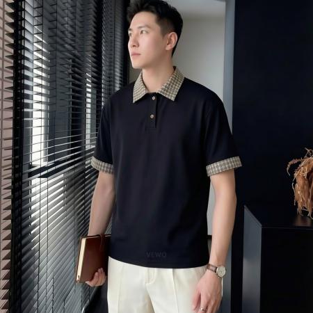 BY20139# 休闲格子假两件polo衫短袖男上衣青少年宽松美式潮牌夏季半袖T恤 服裝批發男裝批發服飾貨源
