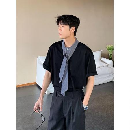 BY20167# 曼巴棉假两件乐盛兴休闲小众设计简约装饰领男女高级感 服裝批發男裝批發服飾貨源