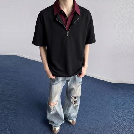 BY20168# 大码鹿野日系复古polo衫男夏季重磅宽松拉链翻领男士短袖t恤潮牌 服裝批發男裝批發服飾貨源
