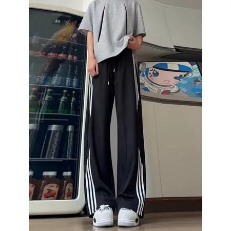 BY20180# 条纹众优汇阔腿裤男春秋夏宽松直筒垂感高腰显瘦跑步休闲运动卫裤 服裝批發男裝批發服飾貨源