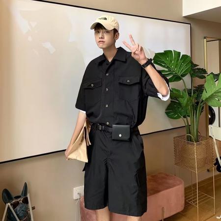 BY20186# 连体送腰带包工装二罗套装男夏季宽松短袖衬衫男短裤连体一套 服裝批發男裝批發服飾貨源