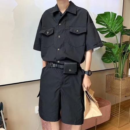 BY20186# 连体送腰带包工装二罗套装男夏季宽松短袖衬衫男短裤连体一套 服裝批發男裝批發服飾貨源
