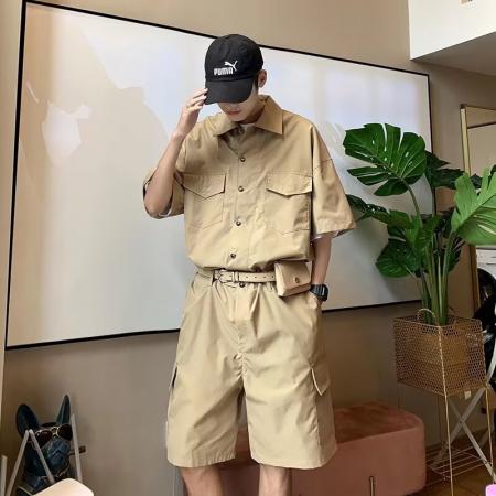 BY20186# 连体送腰带包工装二罗套装男夏季宽松短袖衬衫男短裤连体一套 服裝批發男裝批發服飾貨源