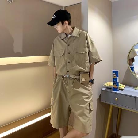 BY20186# 连体送腰带包工装二罗套装男夏季宽松短袖衬衫男短裤连体一套 服裝批發男裝批發服飾貨源