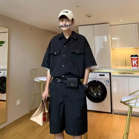 BY20186# 连体送腰带包工装二罗套装男夏季宽松短袖衬衫男短裤连体一套 服裝批發男裝批發服飾貨源
