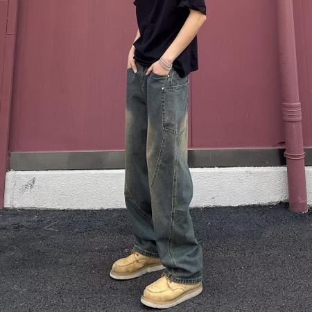 BY20190# 半松紧弯刀恒潮牛仔裤男春夏季高街vibe直筒工装裤子宽松阔腿裤 服裝批發男裝批發服飾貨源