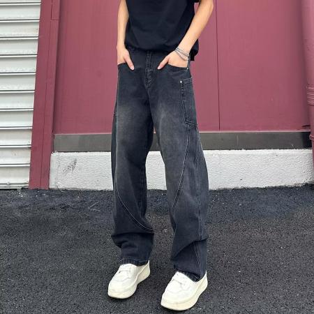 BY20190# 半松紧弯刀恒潮牛仔裤男春夏季高街vibe直筒工装裤子宽松阔腿裤 服裝批發男裝批發服飾貨源